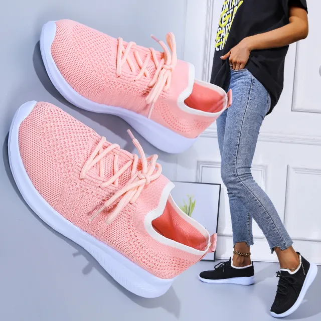 Fly woven Mesh Breathable Deep mouth Lace up Platform Sneakers Pink - Shop at LoveMi