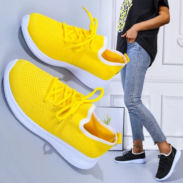 Fly woven Mesh Breathable Deep mouth Lace up Platform Sneakers Yellow - Shop at LoveMi