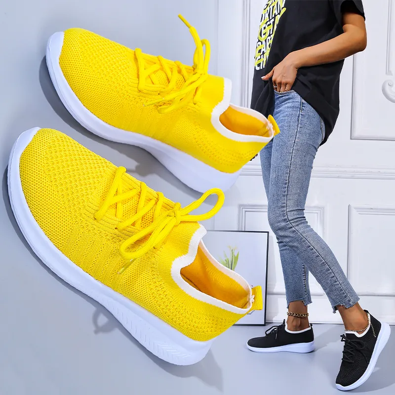 Fly-woven Mesh Breathable Deep-mouth Lace-up Platform Sneakers - Yellow
