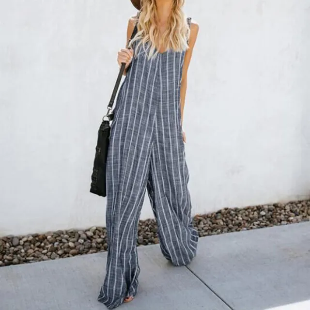 Summer Women's Striped Cotton One Piece Wide Leg Pants Blue - Shop at LoveMi