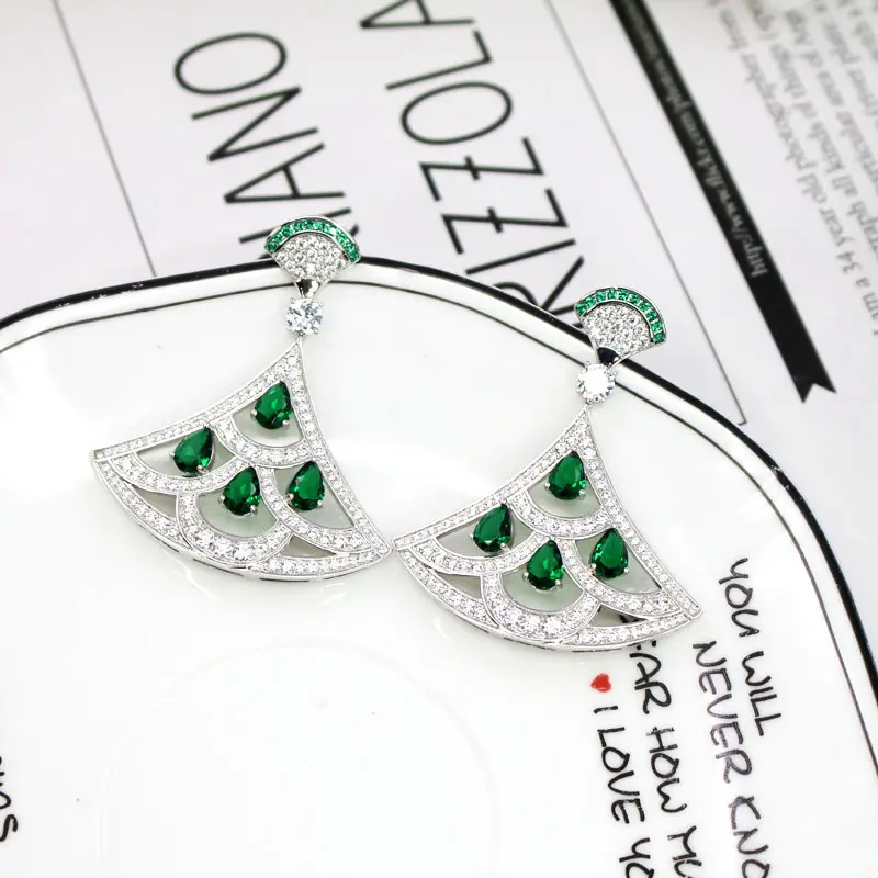 New Product Green Zircon Fan-shaped Earrings with Gold-plated Diamonds