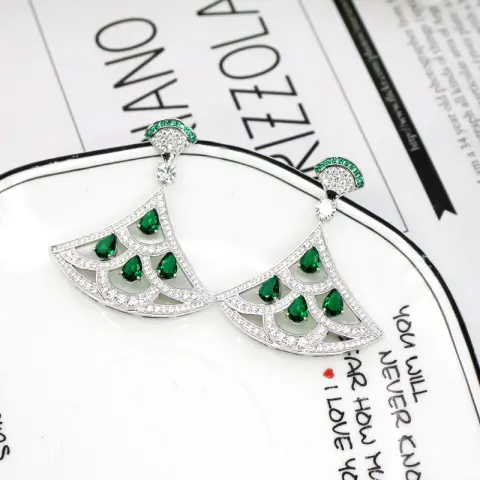 New Product Green Zircon Fan-shaped Earrings with Gold-plated Diamonds
