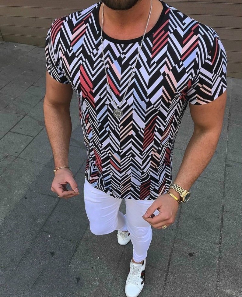 Printed Round Neck Top Slim Short Sleeves