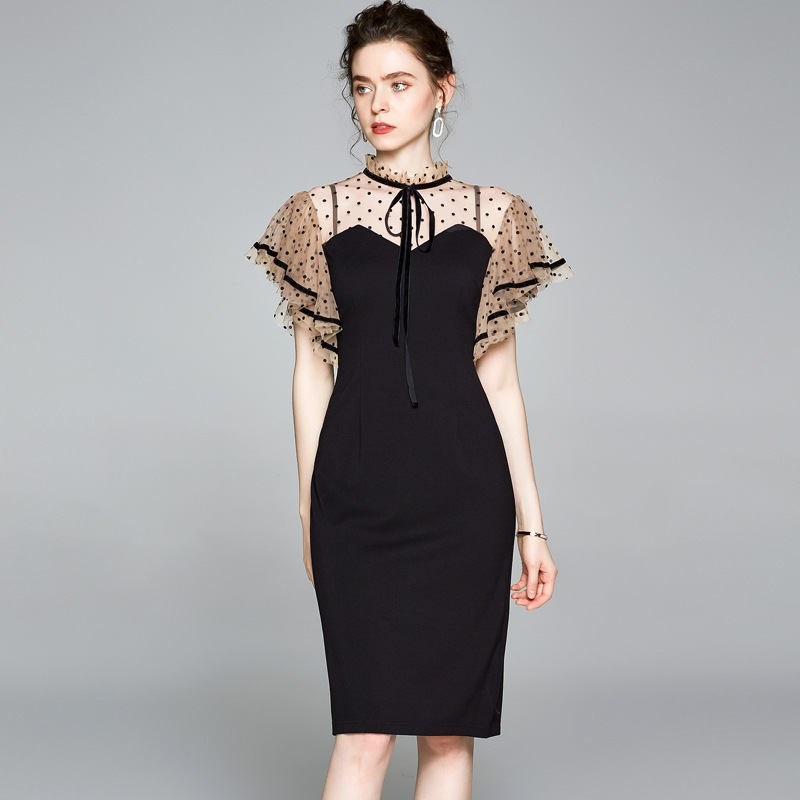 Mesh Stitching Slim Mid-length Bag Hip Dress