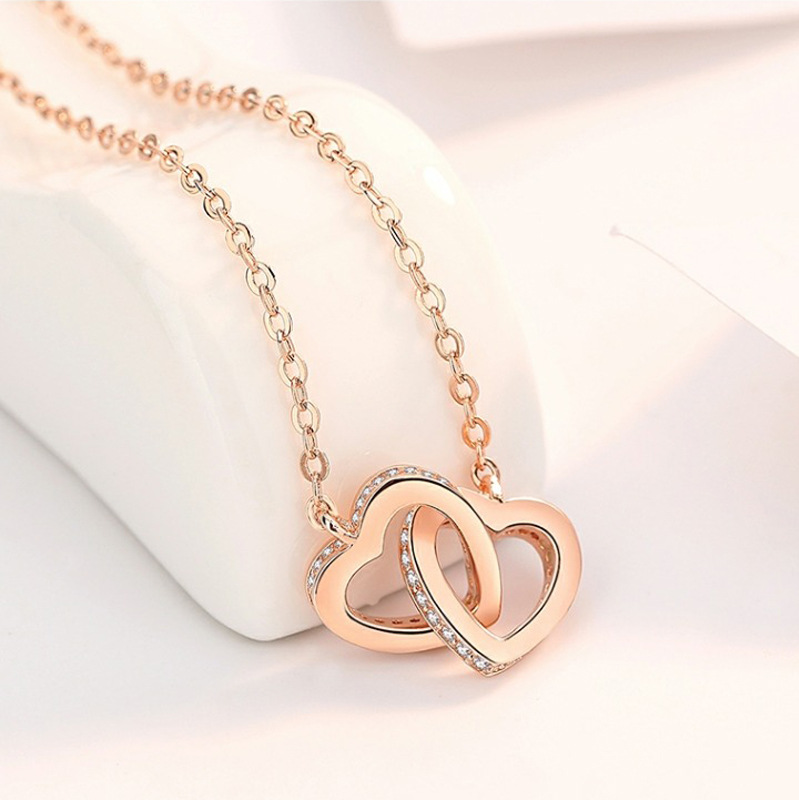 925 Sterling Silver Heart-to-heart Necklace Korean Version Of Double Love Simple Pendant Fashion Diamond Clavicle Chain