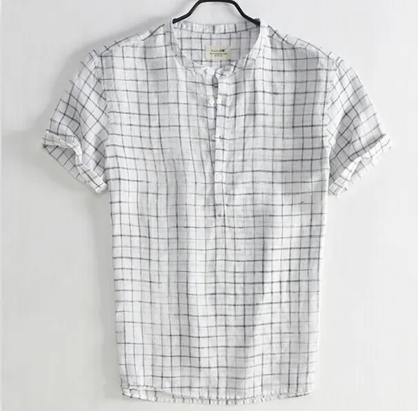 Men's Check Button Cotton And Linen Short Sleeve White - Shop at LoveMi
