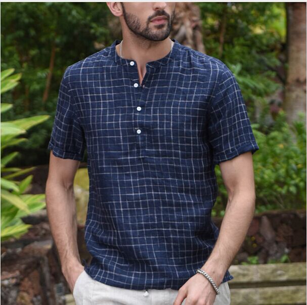 Men's Check Button Cotton And Linen Short Sleeve