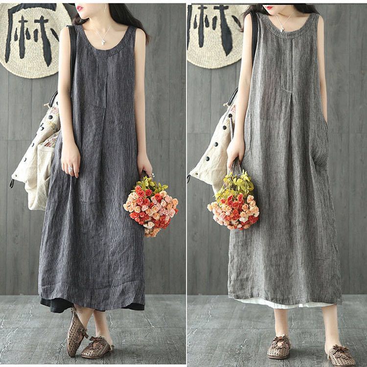 Linen Mid-length Striped Vest Dress
