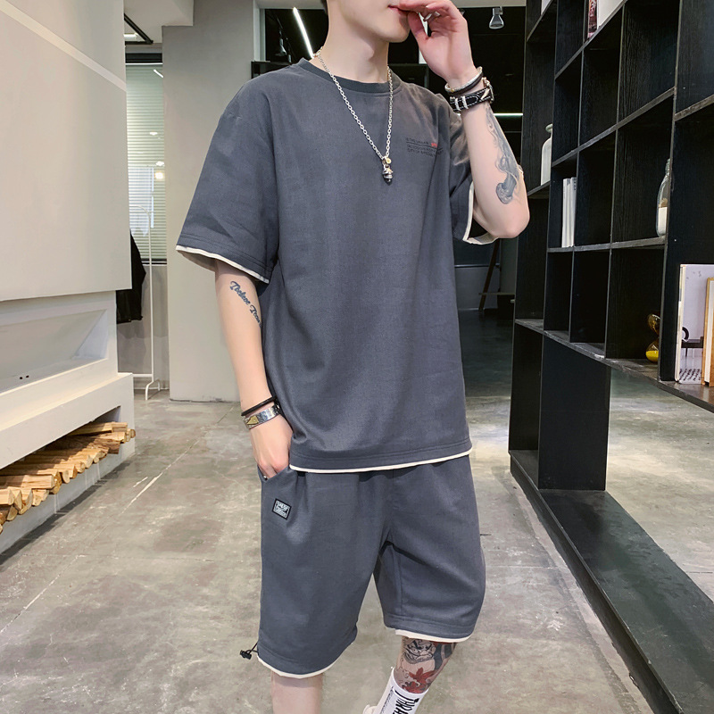 Summer Fashion Trend Men's Solid Color Cotton Short-sleeved Shorts Two-piece Suit