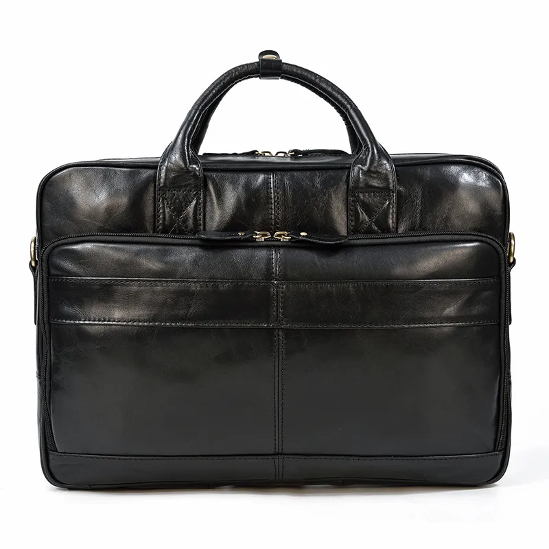 Vintage Men's Briefcase Genuine Leather Business Commuter Bag Crazy Horse Leather - Black