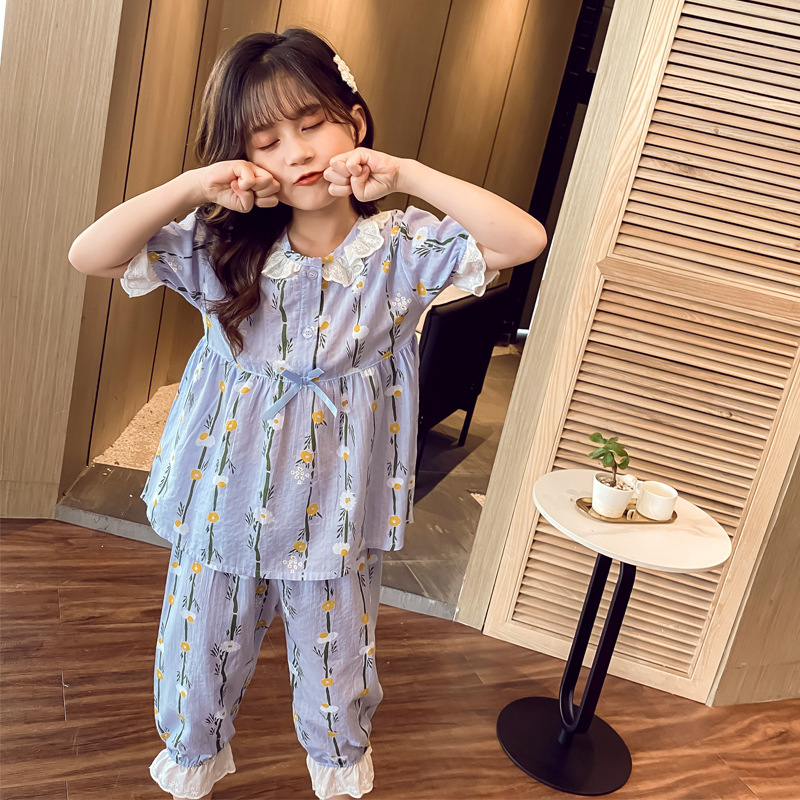 Home Wear Short sleeved Cotton Air conditioned Pajamas For Little Girls thumbnail 1