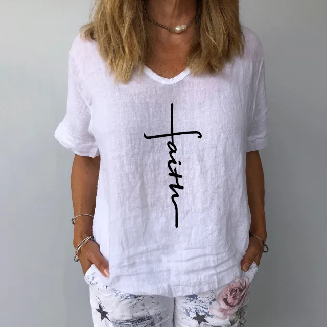 Cotton And Linen Loose Casual Printed Top White - Shop at LoveMi