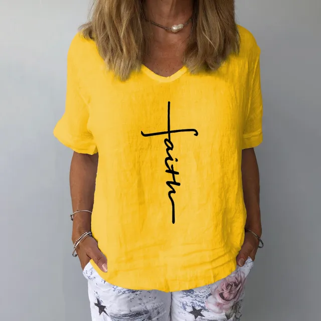 Cotton And Linen Loose Casual Printed Top Yellow - Shop at LoveMi