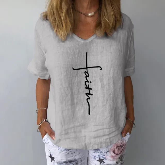 Cotton And Linen Loose Casual Printed Top Grey - Shop at LoveMi