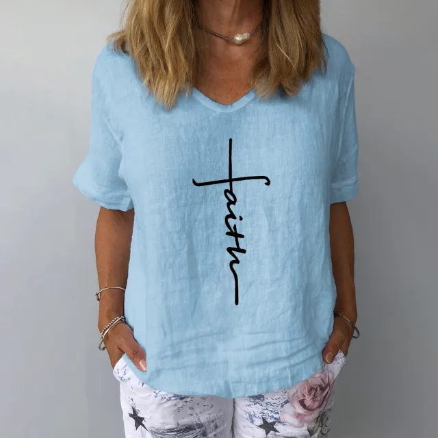 Cotton And Linen Loose Casual Printed Top Light Blue - Shop at LoveMi