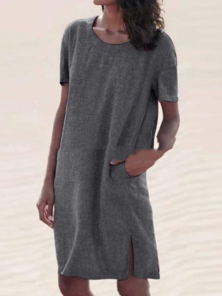 New Women's Casual Round Neck Cotton And Linen Slit Dress