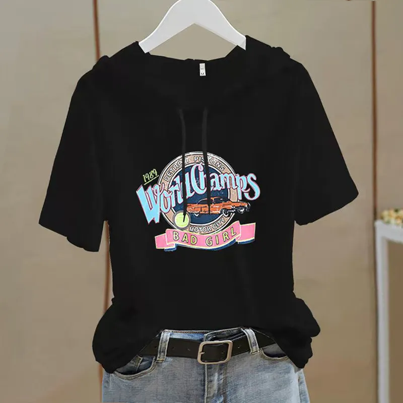 Short-sleeved Women's Western Style Hooded Top T-shirt - Black