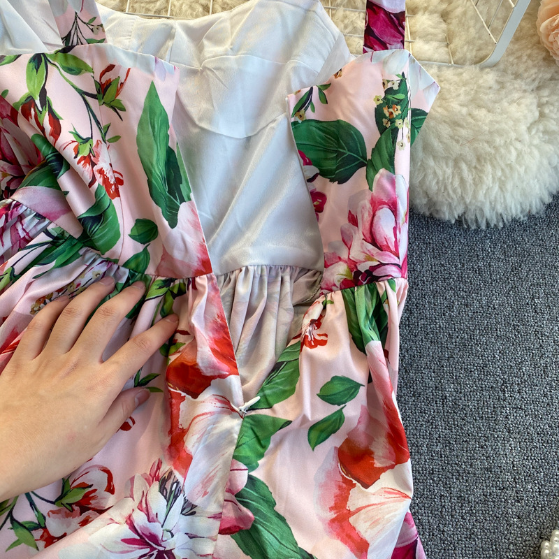 Dress Temperament Lotus Leaf Print Mid-length Suspender Skirt Square Neck Slim Fit Large Hem