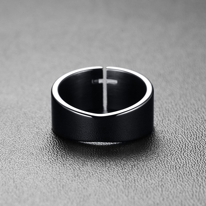 Brand Punk Vintage Cross Men's Ring Stainless Steel 10mm Black Tone Fashion Rocker Ring