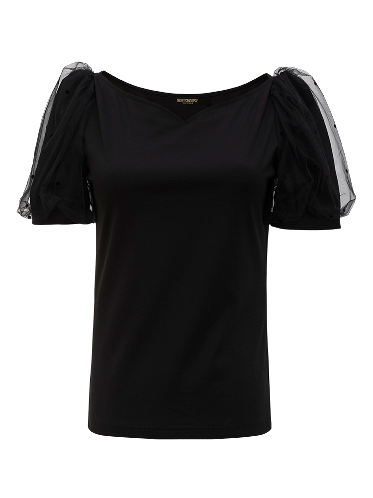 Luoyi Lady Heart-shaped Collar Knitted T-shirt Spring New Solid Color Stitching Mesh Bubble Sleeve Top 04008