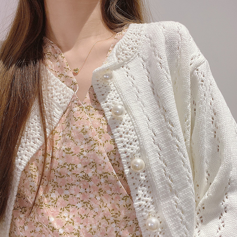 Pearl Buckle Knitted Hollow Cardigan Sweater Women