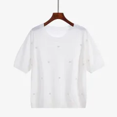 Large Size Women's Round Neck Loose Plus Size Mm Beaded Korean Women's Short-sleeved Shirt Sweater - White - View 1