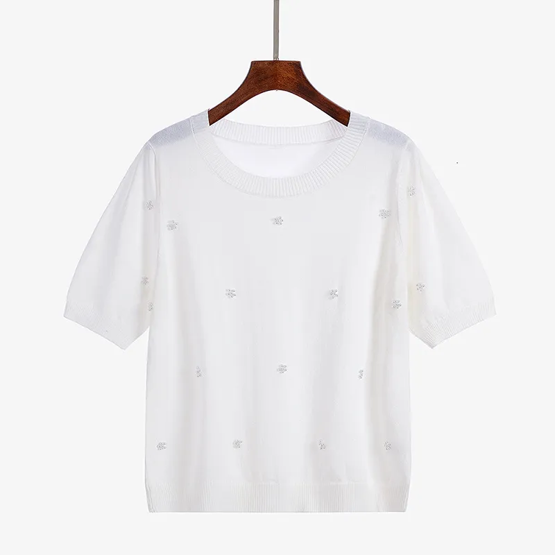 Large Size Women's Round Neck Loose Fat Mm Beaded Korean Women's Short-sleeved Shirt Sweater - White