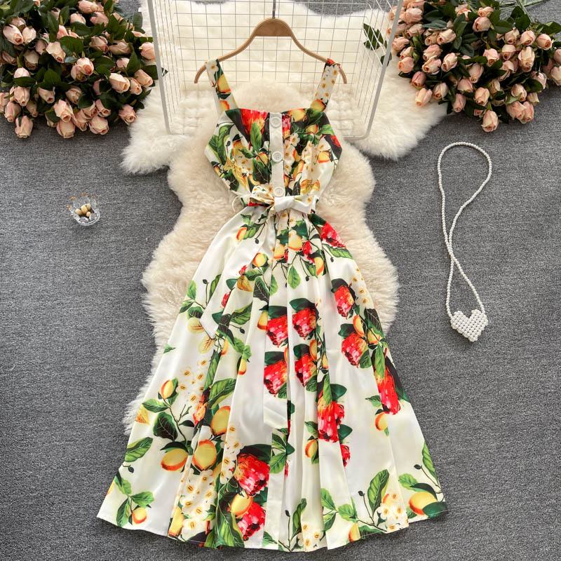 Vacation Style Print Suspender Dress Women Summer Dress White - Shop at LoveMi
