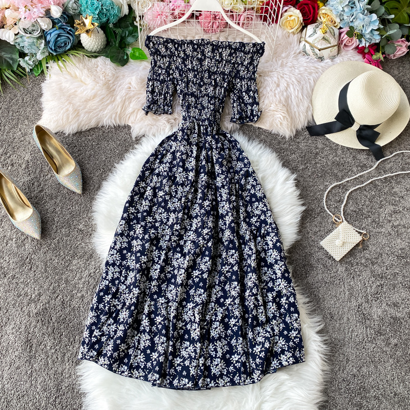 Sexy One-neck Off-shoulder Floral Dress With Waist And Short Sleeves