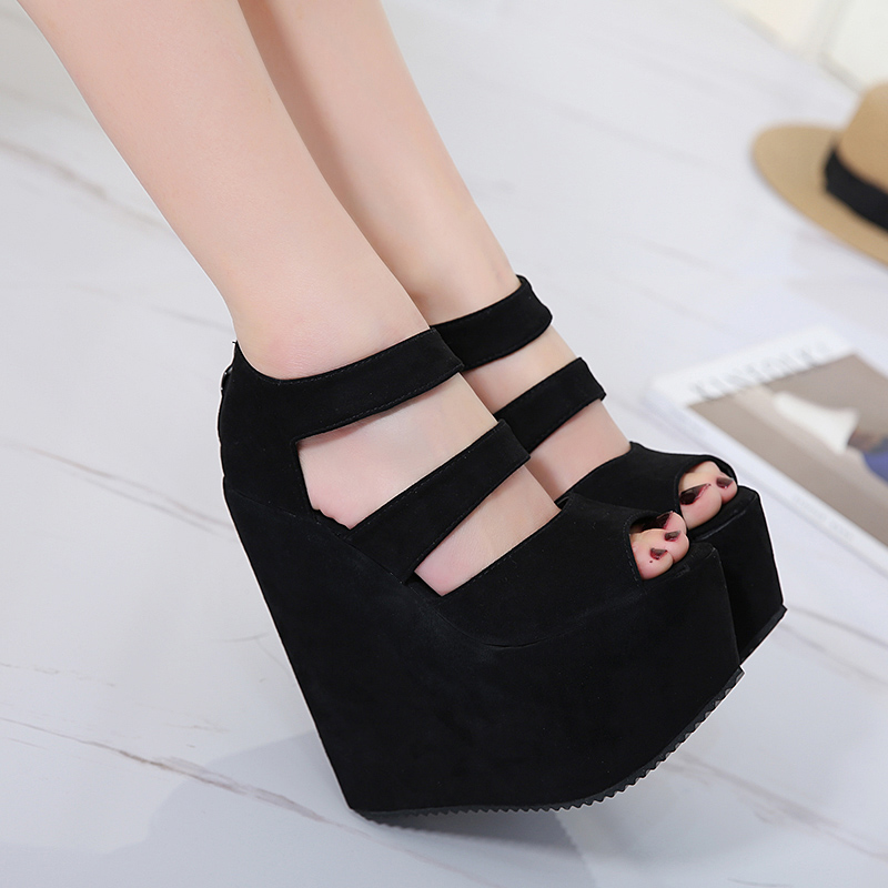 17cm Stage Show Shoes 18cm Super High Heel Slope Heel Sandals Black - Shop at LoveMi
