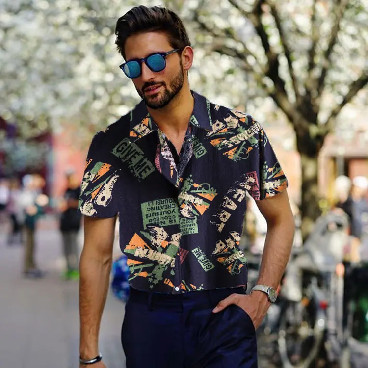 Vintage Letter Print Turn-down Collar Shirts Men Casual Short
