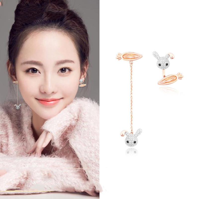 Korean Sterling Silver Earrings Female Cute Carrot Rabbit Asymmetric Earrings