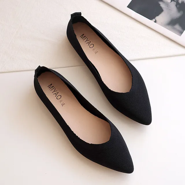 New Pointed Flat Knit Breathable Shallow Soft Sole Lazy Shoes Black - Shop at LoveMi