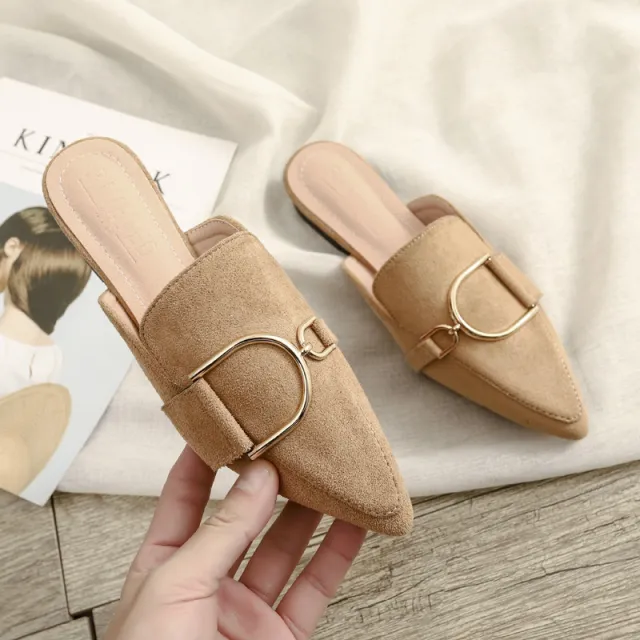 Womens Flats Shoes Mules Slippers Decoration Metal Khaki - Shop at LoveMi