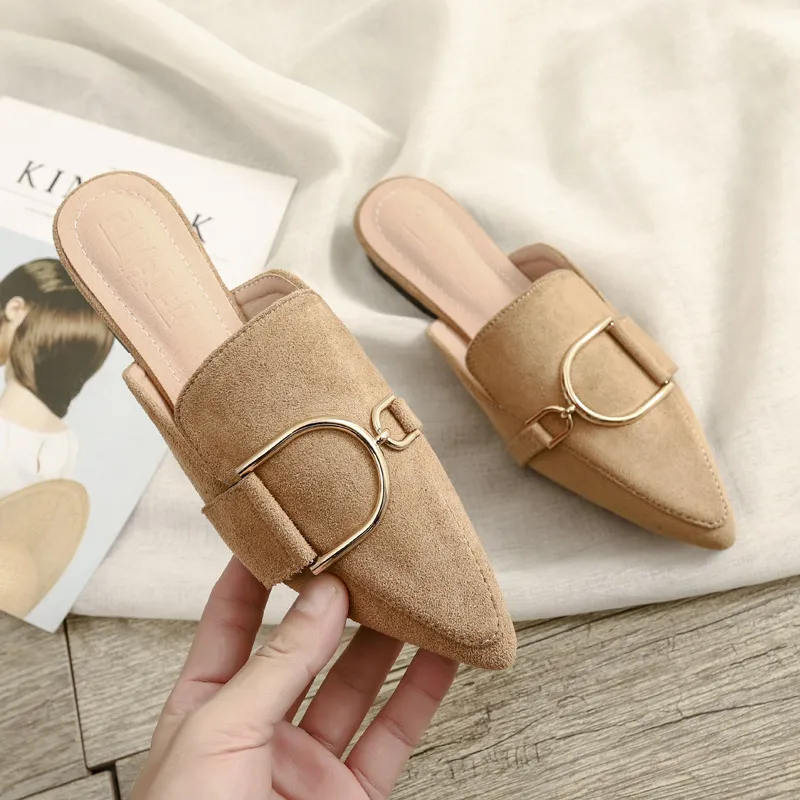 Womens Flats Shoes Mules Slippers Decoration Metal - Khaki