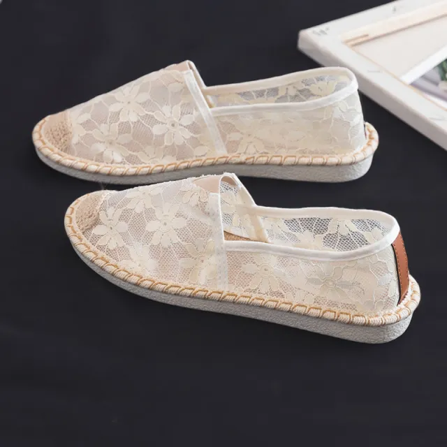 Lazy One foot Flat Linen Half tow Straw Woven Flat Hollow Mesh Shoes White - Shop at LoveMi