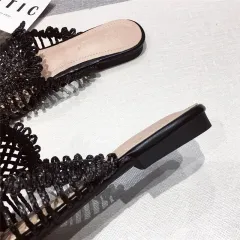 Womens Flats Shoes Mules Rattan Slippers Hollow Slipper Pointed Toe - Black - View 1