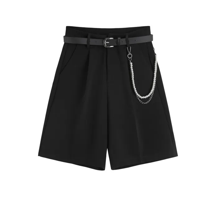 Women's Suit Shorts Summer Loose Wide Leg Five Point Pants Style Temperament Casual Pants With Waist Chain Black - Shop at LoveMi
