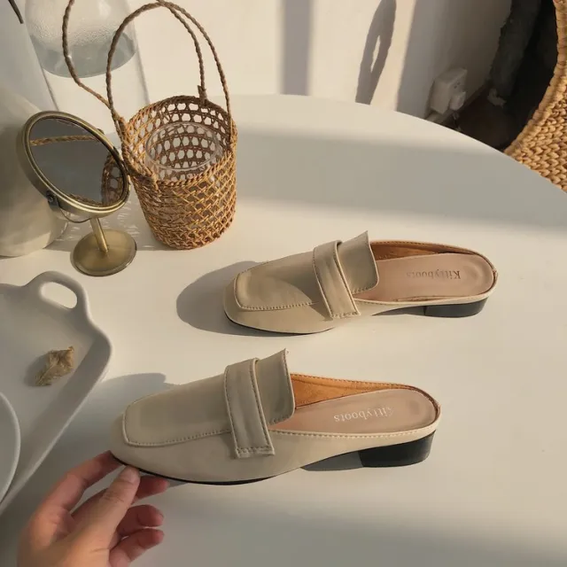 Womens Flats Shoes Mules Slippers Cover Toe Loafers Pu Beige - Shop at LoveMi
