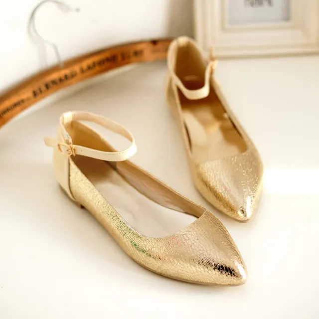 Pointed Flat Shoes Burst Crack Large Size Ankle Buckle Single Shoes Gold - Shop at LoveMi