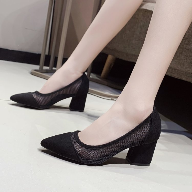 Hollow Thick Heel Net Yarn Pointed Thick Heel Single Shoes Women