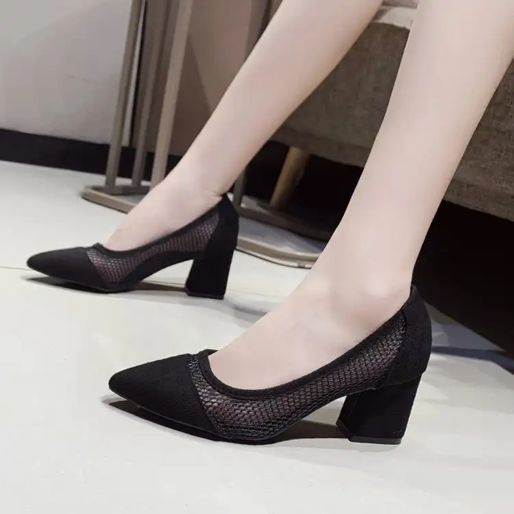 Hollow Thick Heel Net Yarn Pointed Thick Heel Single Shoes Women