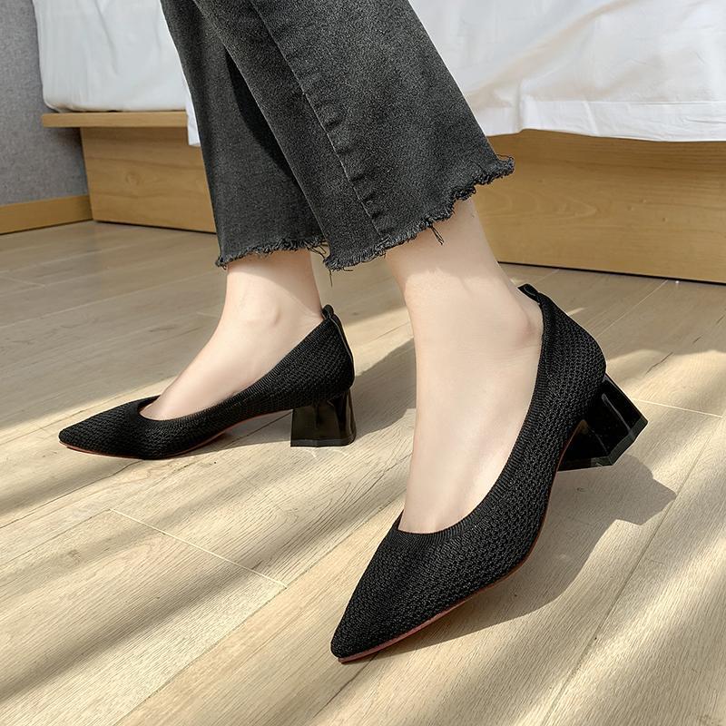 Women's Thick Heel Single Shoes Mid-heel All-match Pointed Toe Net Red Knitted French Girl High Heels