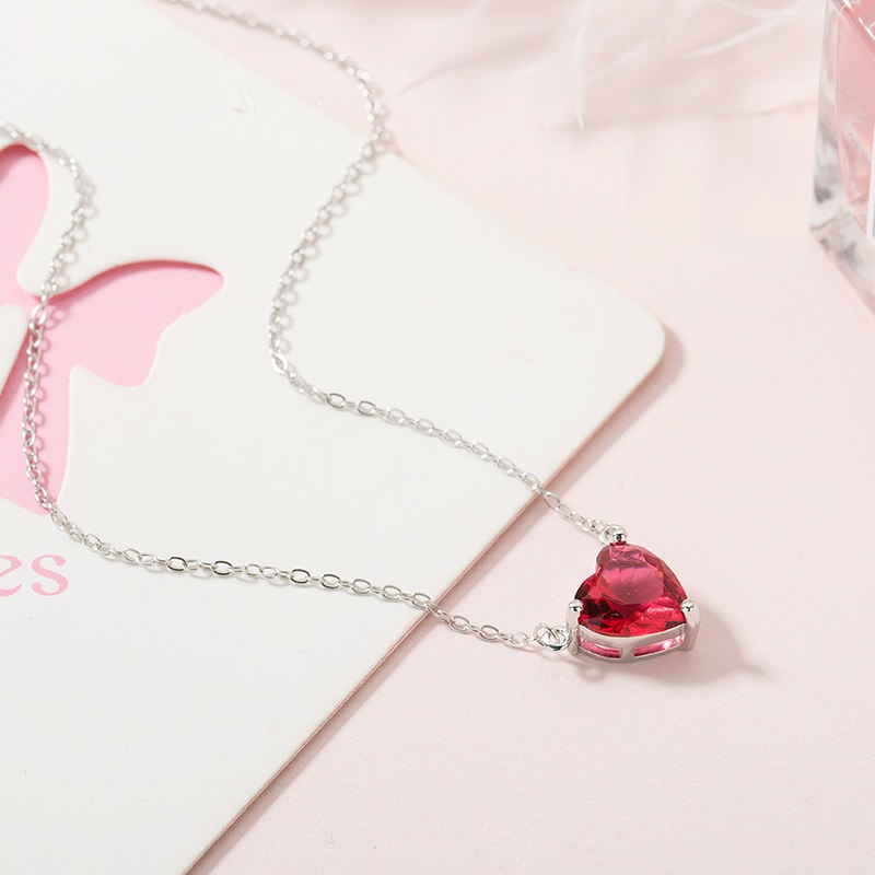 Real 925 Sterling Silver Cute Red Crystal Heart Choker Necklace Personality Fine Jewelry For Women Wedding Accessories