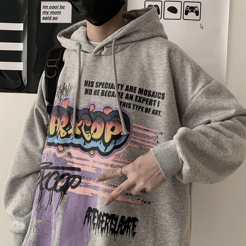 Trendy Retro Hip-hop Graffiti Letters Printed Hooded Plus Velvet Sweatshirt