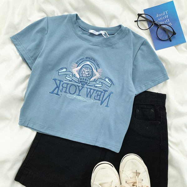 Loose V-neck Short-sleeved Tie-dye Round Neck Blue Pullover Urban Casual Cotton Printed T-shirt Trend