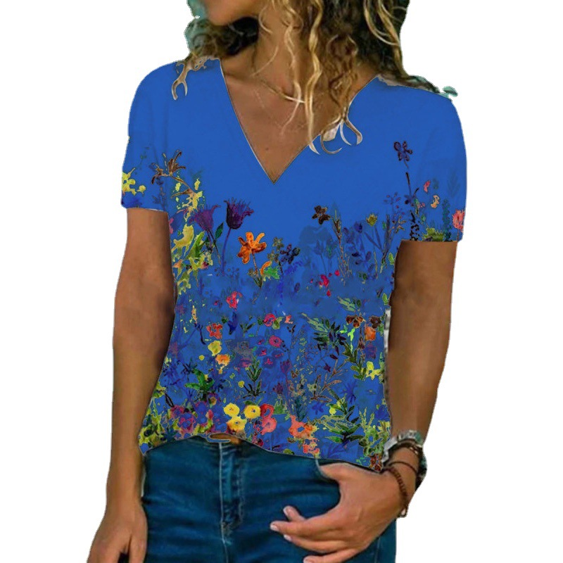 Flower Print Casual V-Neck Short-Sleeved T-Shirt Women