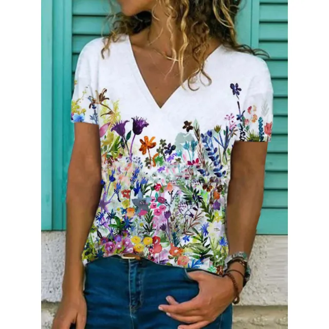Flower Print Casual V Neck Short Sleeved T Shirt Women White - Shop at LoveMi