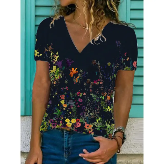 Flower Print Casual V Neck Short Sleeved T Shirt Women Black - Shop at LoveMi