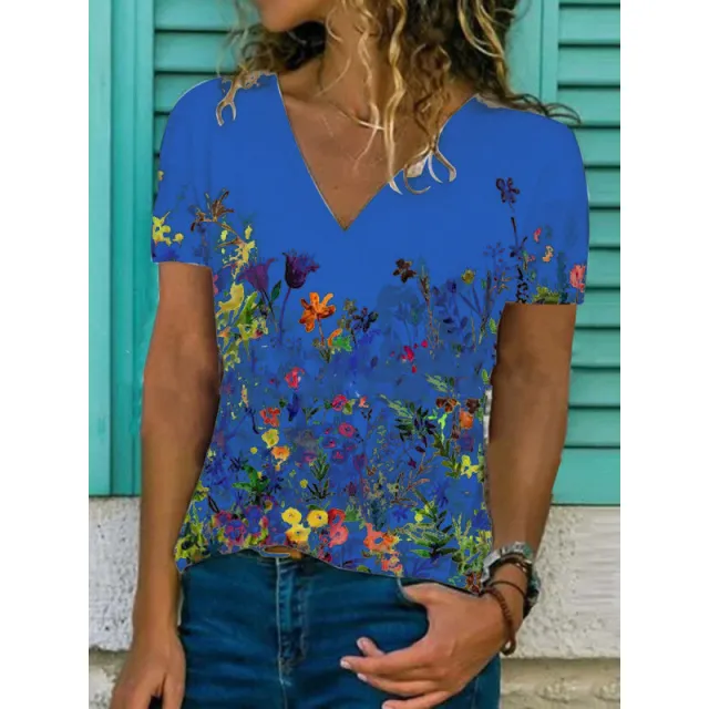 Flower Print Casual V Neck Short Sleeved T Shirt Women Blue - Shop at LoveMi